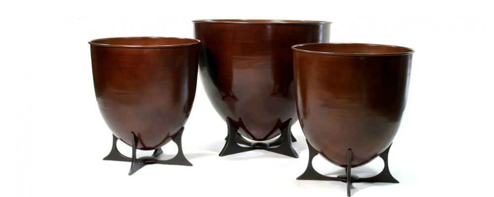 Camelot Jardiniere Custom Planter Pots in Antique Copper on Dark Bronze Stand for Indoor or Outdoor Use
